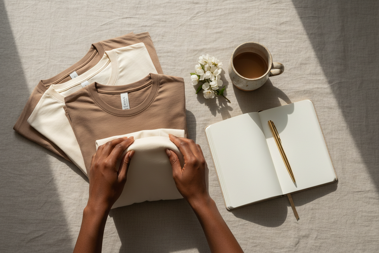 Luxury flat lay with folded cream and mocha t-shirts on soft linen fabric, styled with a journal, gold pen, ceramic coffee mug, and soft white flowers. Include the hands of a Black woman gently arranging the items, natural brown skin tone, soft natural light, calm healing energy, neutral beige background, editorial lifestyle photography, modern boutique fashion brand aesthetic, soft life luxury vibe.